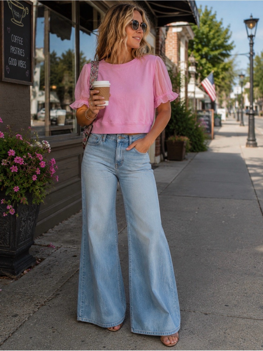 NWT THML Pink Cropped Lightweight Sweatshirt Tulle Puff Sleeve Top